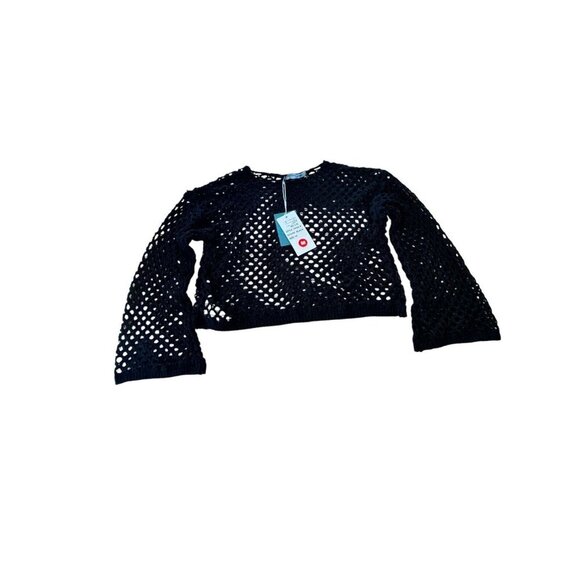 Paradise Medium Crop Open Knit Long Sleeve Beach Top NWT Vacation Black - Picture 4 of 6